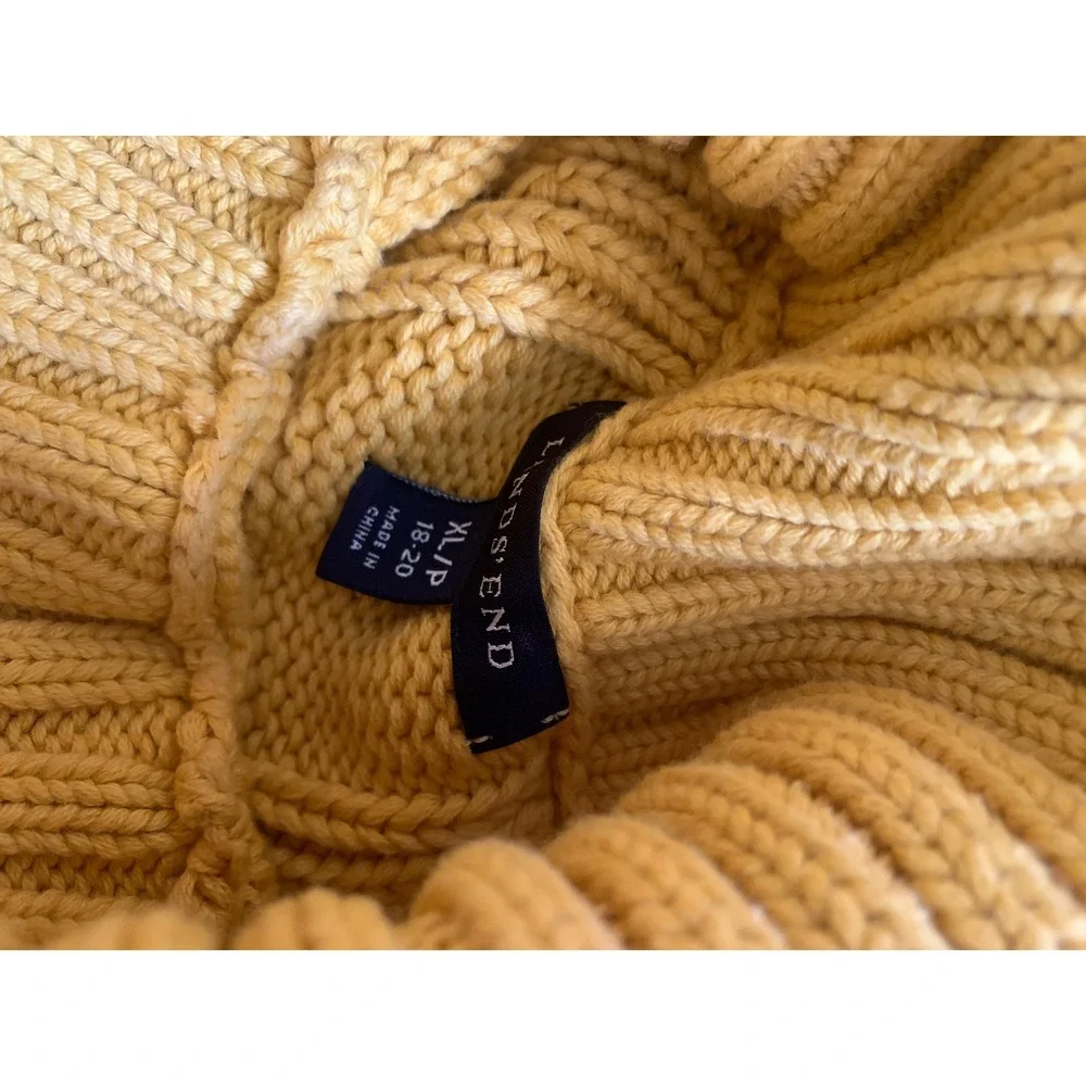Lands' End Mustard Yellow Cable Knit‎ Turtleneck Sweater Womens XL 100% Cotton